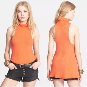 Free People Hot Coral Turtleneck Ribbed Tank